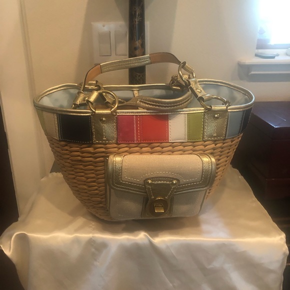COACH LEATHER/STRAW SATCHEL BEACH TOTE NWOT VINTAGE! - Picture 5 of 15